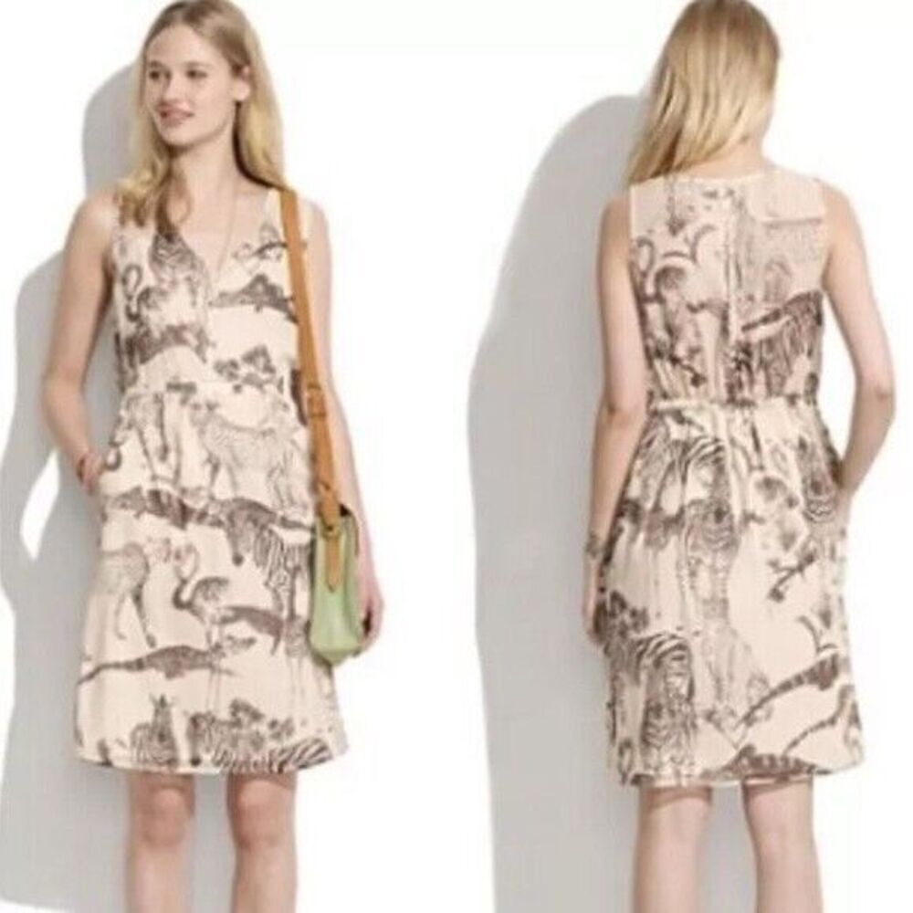 Madewell Womens Ivory Safari Silk Dress 4 Midi Sleeveless V-Neck Elephant Zebra